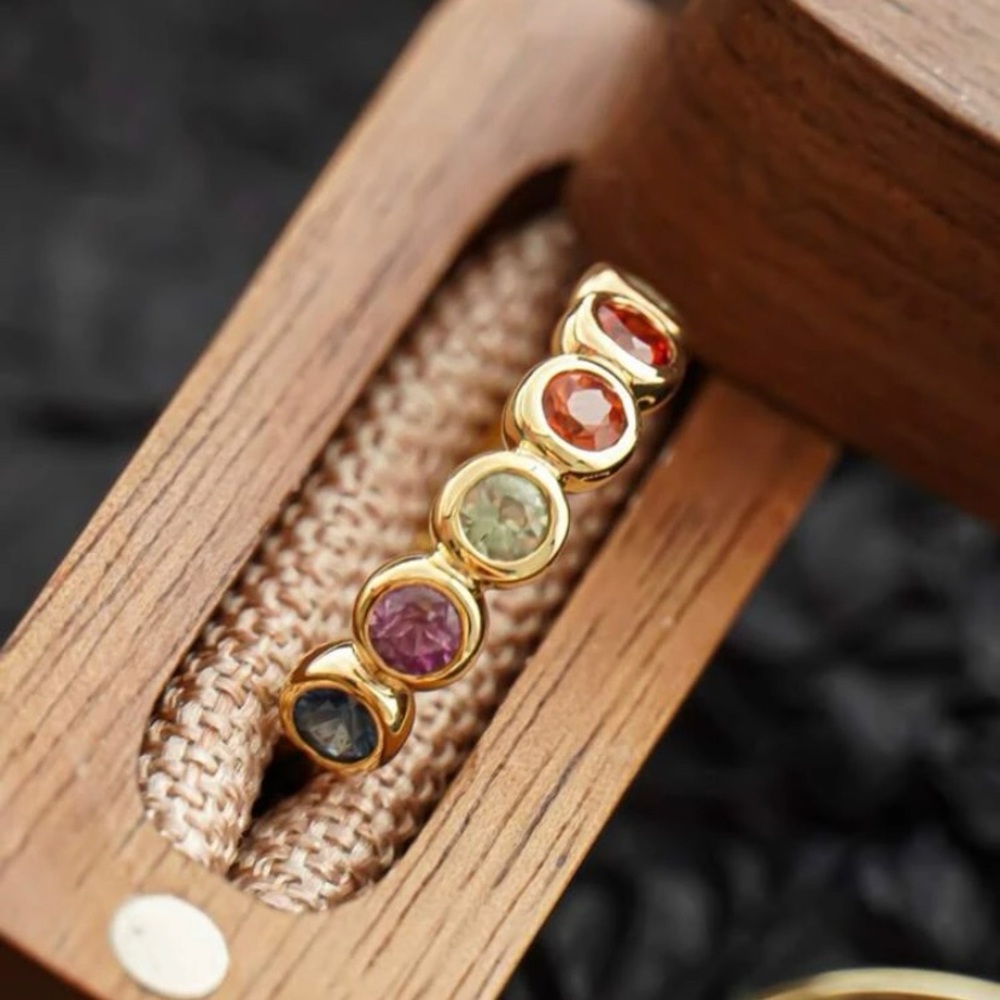 Multi Colored Gemstone Gold Plated Sterling Silver Ring NEW